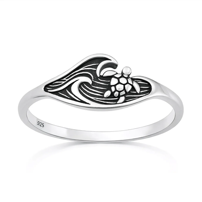 Sterling Silver Oxidized And Polished 7.5mm Turtle And Ocean Ring