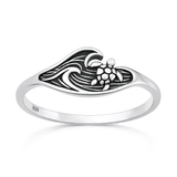 Sterling Silver Oxidized And Polished 7.5mm Turtle And Ocean Ring