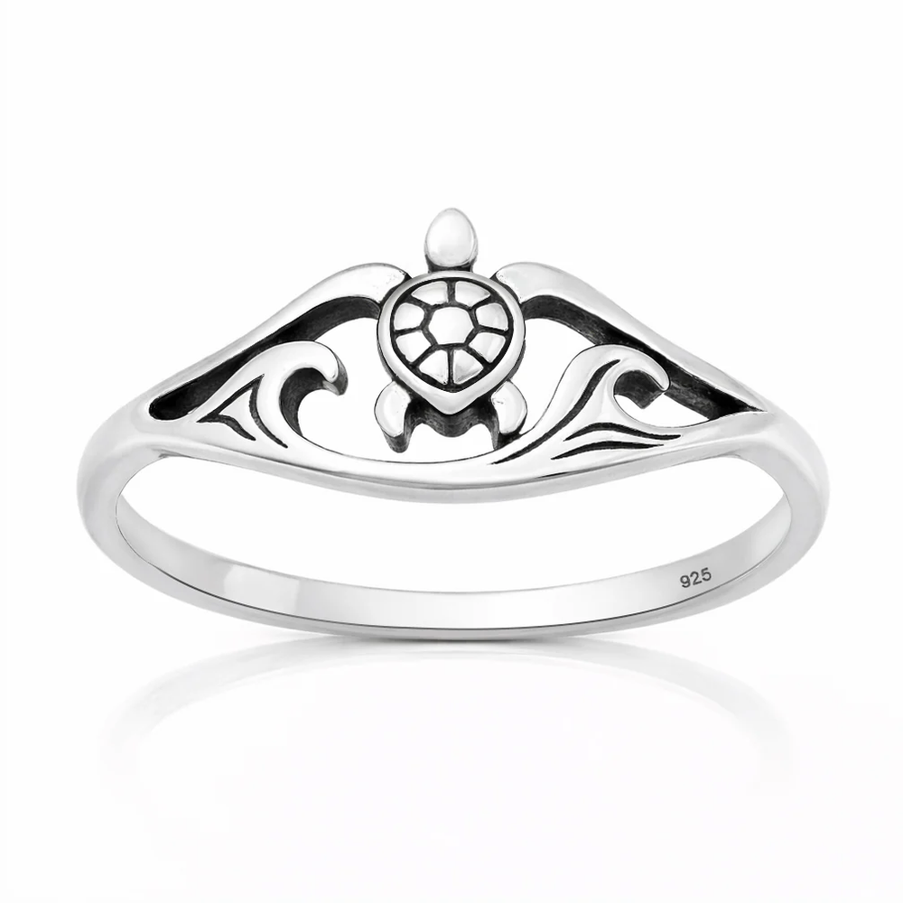 Sterling Silver Oxidized And Polished Turtle And Ocean Ring