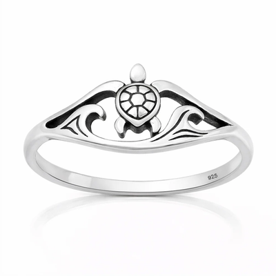 Sterling Silver Oxidized And Polished Turtle And Ocean Ring