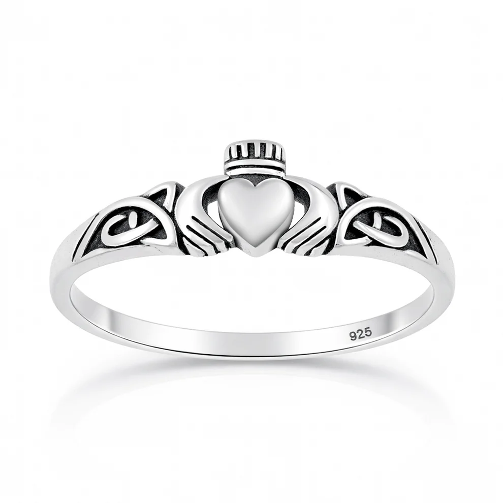 Sterling Silver Oxidized and Polished Celtic Claddagh Ring