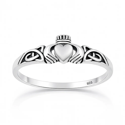 Sterling Silver Oxidized and Polished Celtic Claddagh Ring