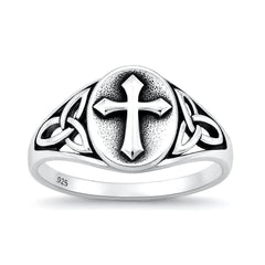 Sterling Silver Oxidized And Polished Celtic Knot And Cross Ring