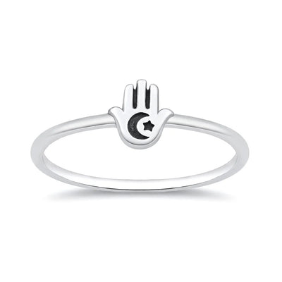 Sterling Silver Oxidized And Polished Hamsa Moon Star Ring