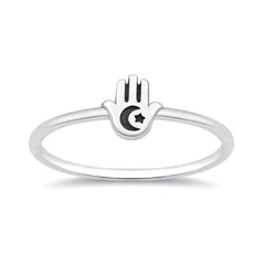 Sterling Silver Oxidized And Polished Hamsa Moon Star Ring