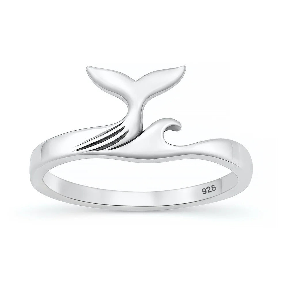 Sterling Silver Oxidized And Polished Whale Tail And Wave Ring