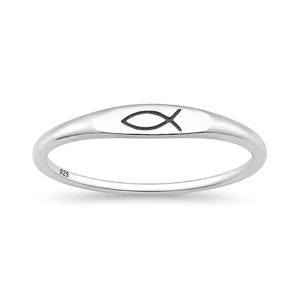 Sterling Silver Oxidized And Polished Christian Fish Ring