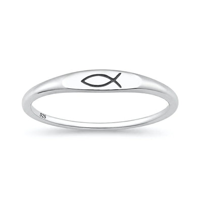 Sterling Silver Oxidized And Polished Christian Fish Ring