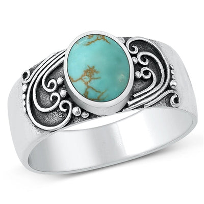 Sterling Silver Oxidized Genuine Turquoise Oval Bali Style Ring