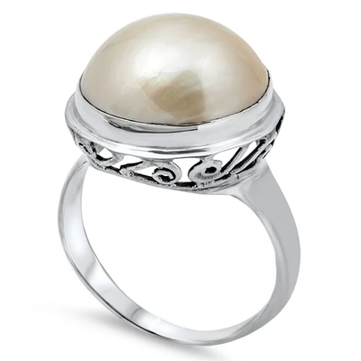 Sterling Silver Round 18mm Genuine White Mabe Pearl Ring