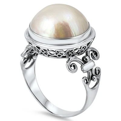 Sterling Silver Round Genuine White Mabe Pearl Ring