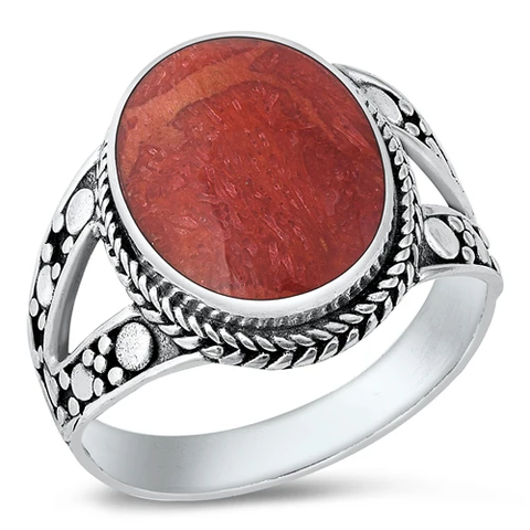 Sterling Silver Oxidized Red Coral Bali Ring