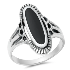 Sterling Silver Long Oval Black Agate Stone Ring