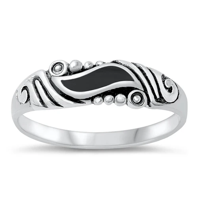 Sterling Silver Wave Black Agate Stone Ring