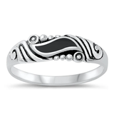 Sterling Silver Wave Black Agate Stone Ring