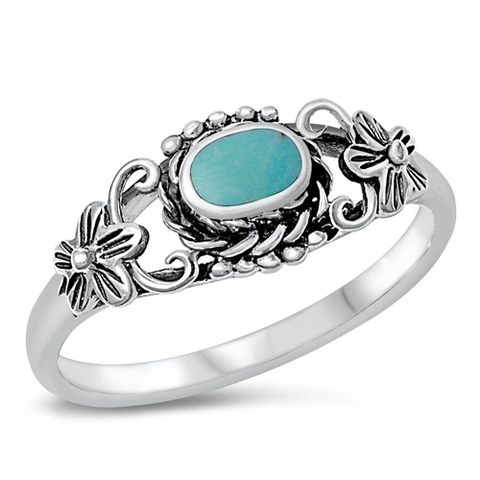 Sterling Silver Fancy Flower Design Simulated Turquoise Stone Ring