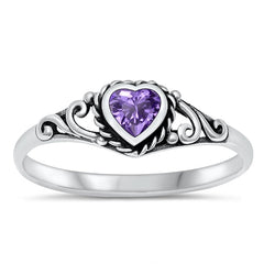 Sterling Silver Heart Oxidized Amethyst CZ Ring