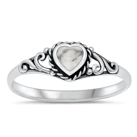 Sterling Silver Oxidized Heart White Buffalo Turquoise Ring-6.1mm