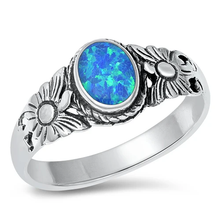 Load image into Gallery viewer, Sterling Silver Rhodium Plated Sunflower Band Blue Lab Opal Ring
