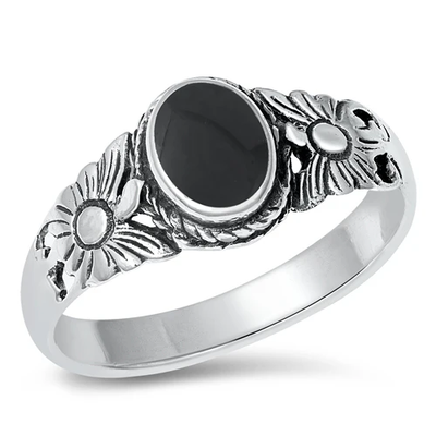 Sterling Silver Rhodium Plated Sunflower Band Black Agate Ring