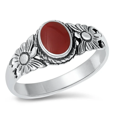 Sterling Silver Rhodium Plated Sunflower Band Red Agate Ring