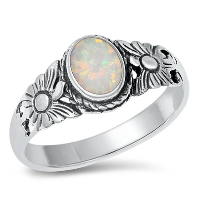 Sterling Silver Rhodium Plated Sunflower Band White Lab Opal Ring