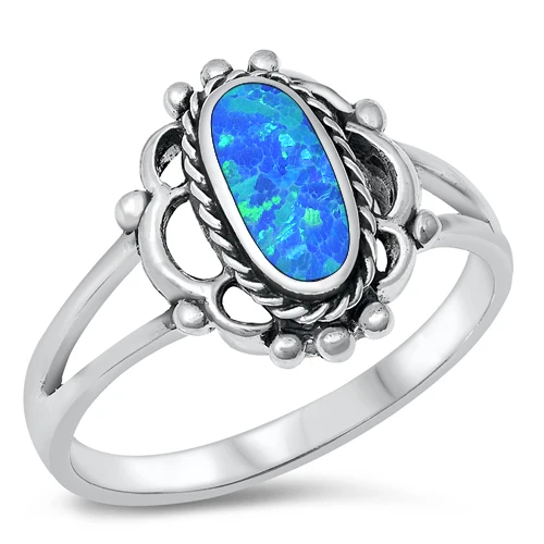 Sterling Silver Flower Blue Lab Opal Stone Ring