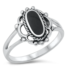 Load image into Gallery viewer, Sterling Silver Flower Black Agate Stone Ring