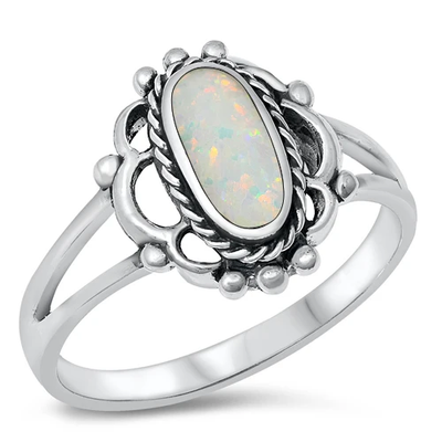 Sterling Silver Flower White Lab Opal Stone Ring