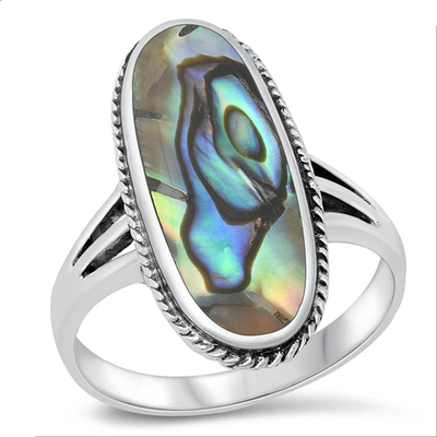 Sterling Silver Rhodium Plated Abalone Oval Ring