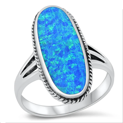 Sterling Silver Rhodium Plated Blue Lab Opal Oval Ring