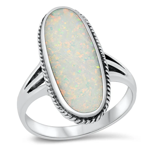 Sterling Silver Rhodium Plated White Lab Opal Oval Ring