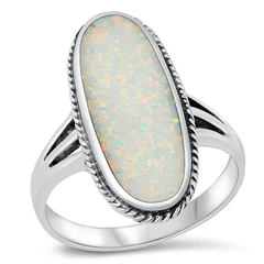 Sterling Silver Rhodium Plated White Lab Opal Oval Ring