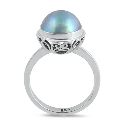 Sterling Silver Round 14mm Genuine Blue Mabe Pearl Ring