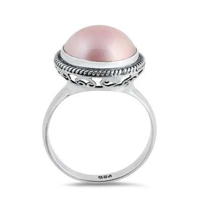 Sterling Silver Round 16mm Genuine Pink Mabe Pearl Ring