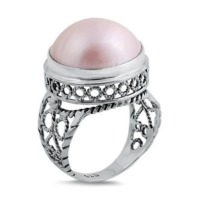 Sterling Silver Round Genuine Pink Mabe Pearl Ring