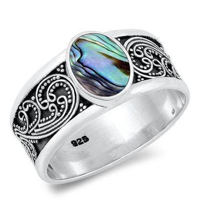 Sterling Silver Oxidized And Polished Abalone Shell Bali Style Ring