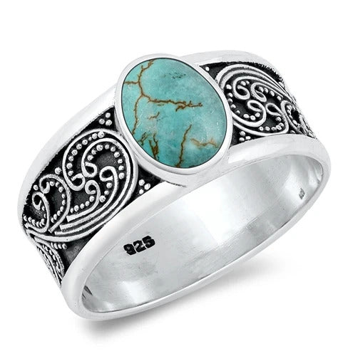 Sterling Silver Oxidized And Polished 9.8mm Turquoise Bali Style Ring