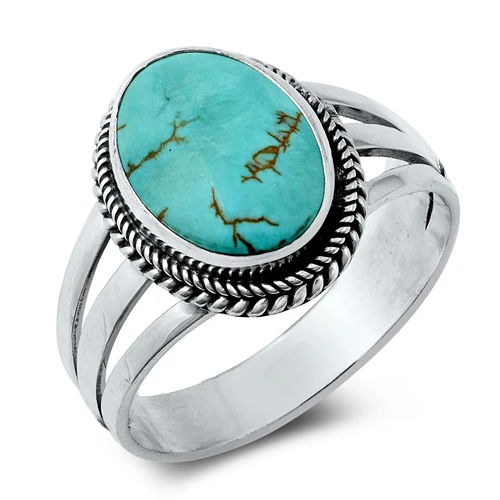 Sterling Silver Oxidized Oval Genuine Turquoise Bali Style Ring