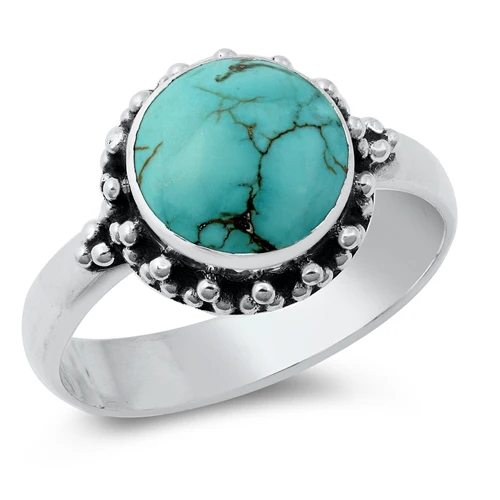 Sterling Silver Oxidized And Polished 13mm Turquoise Bali Ring