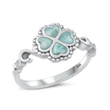 Sterling Silver Rhodium Plated Four Leaf Clover Larimar And Clear CZ Ring
