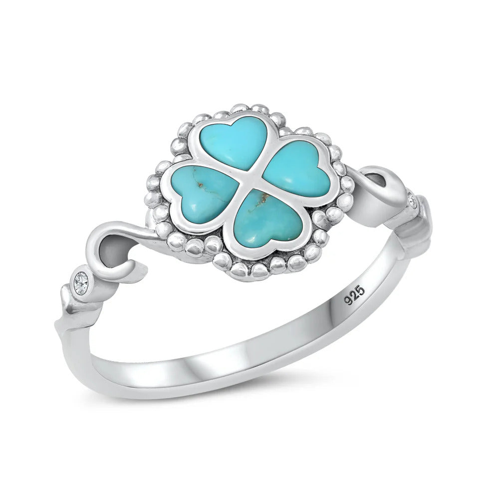 Sterling Silver Rhodium Plated Four Leaf Clover Turquoise And Clear CZ Ring
