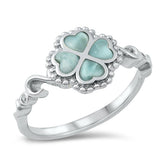 Sterling Silver Oxidized Four Leaf Flower Genuine Larimar Ring-10mm