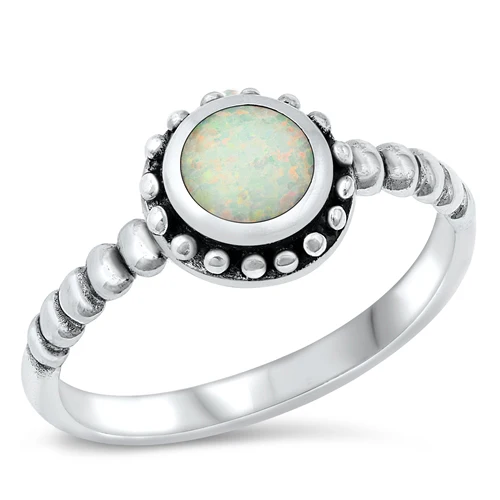Sterling Silver Round White Lab Opal Ring