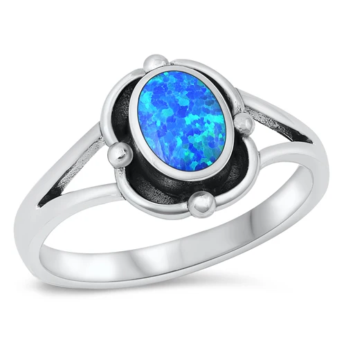 Sterling Silver Oxidized Blue Lab Opal Oval Ring