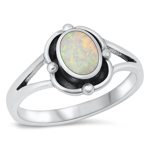 Sterling Silver Oxidized White Lab Opal Oval Ring