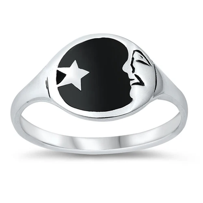 Sterling Silver Black Agate Star And Moon Ring