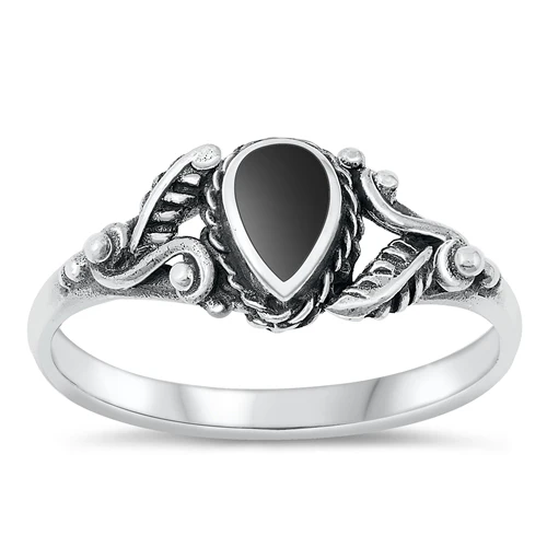 Sterling Silver Drop Black Agate Stone Ring