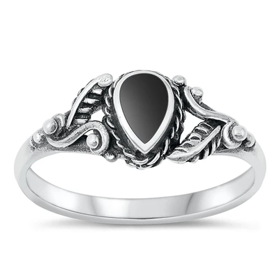 Sterling Silver Drop Black Agate Stone Ring