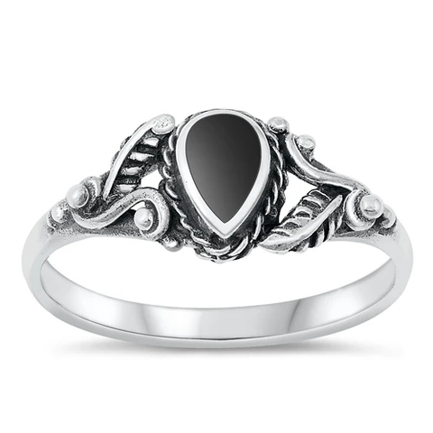 Sterling Silver Drop Black Agate Stone Ring